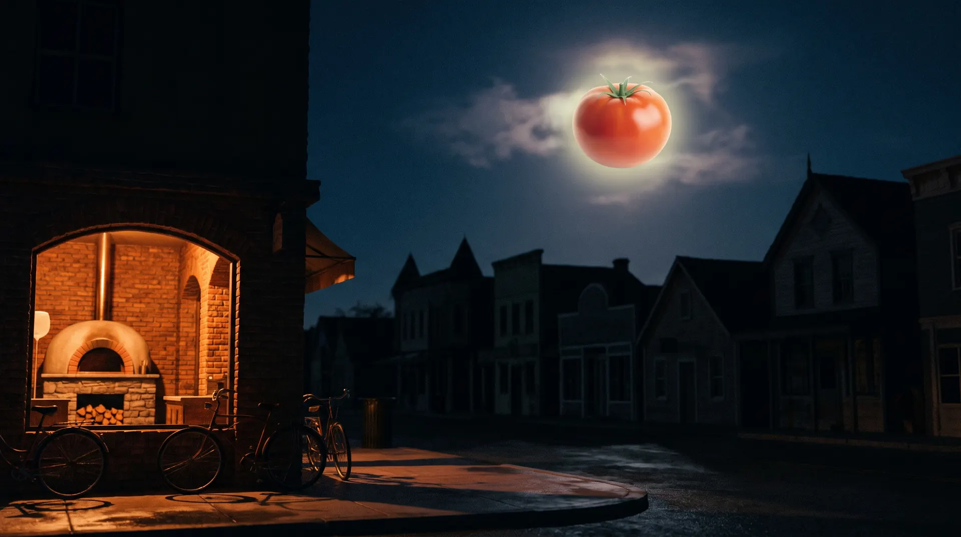 A glowing tomato hangs in the night sky like a full moon above Middle Country Road, with the pizza oven lit in the doorway below.