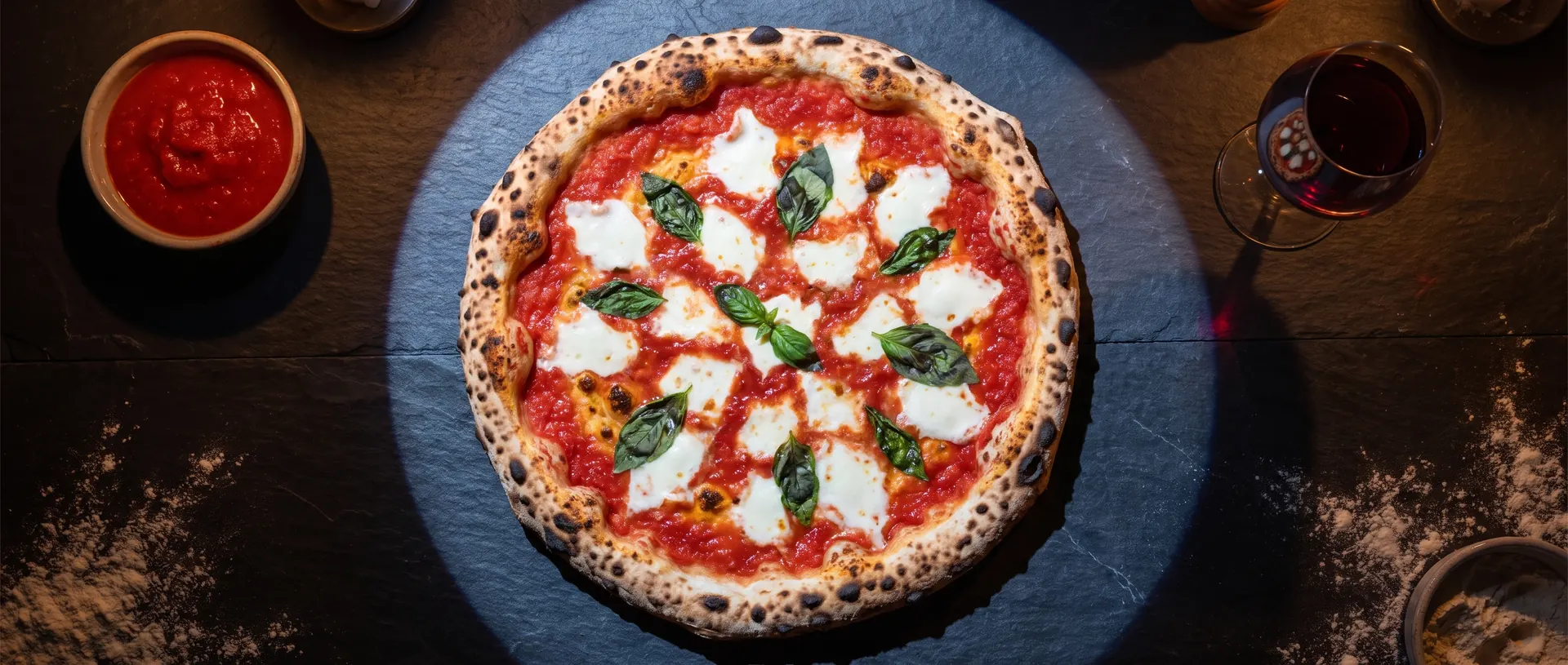 A Neapolitan pizza on slate under a circle of moonlight, with crushed tomatoes and a glass of red wine beside it.